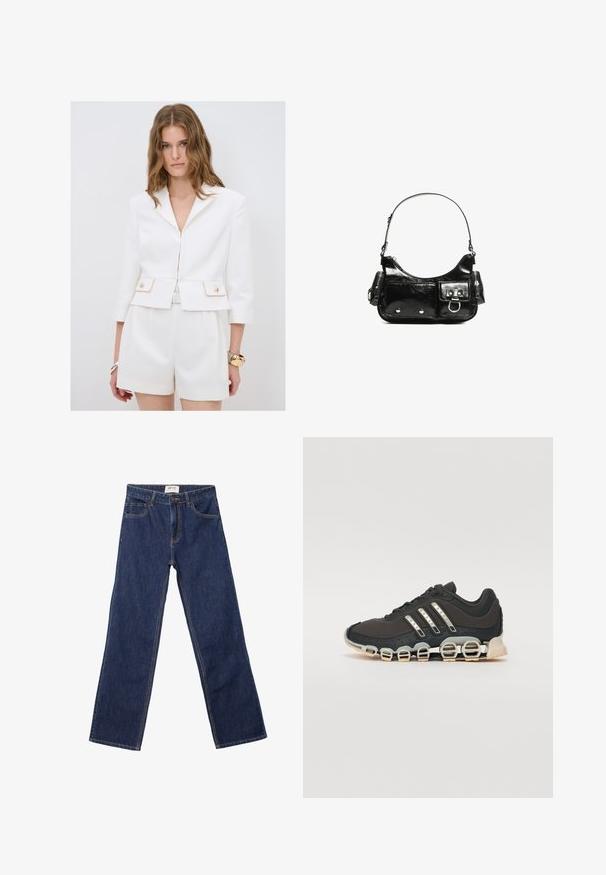 Vit skräddarsydd kavaj med en figurnära design, guldaccenter på fickorna och trekvartslånga ärmar. Matchas med högmidjade shorts i samma färg.; Vit t-shirt i ribbad tyg, med en bred rund halsringning och korta ärmar. Enkel design utan mönster eller detaljer.; Mörkblå raka jeans med framfickor, bälteshällor och knappstängning.; Svart sportskor med en texturerad överdel, tre silverränder och en distinkt stötdämpande sula med flera integrerade sektioner.; Svart lackläderhandväska med en rundad form, en axelrem, framfickor och detaljer i silverfärg.
