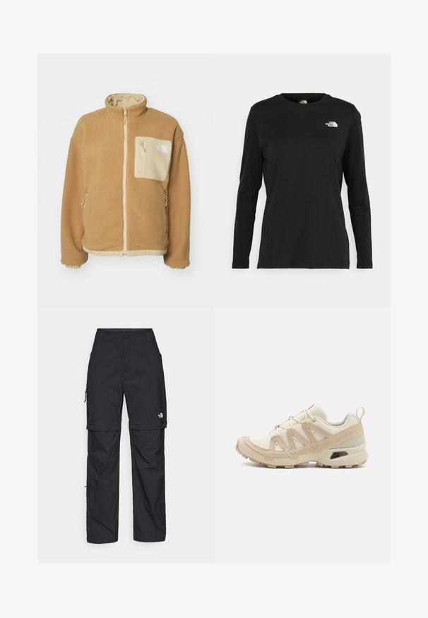 Giacca di pile color sabbia con colletto alto, zip frontale e tasca sul petto beige. Presenta polsini elasticizzati e orlo regolabile con cordino.; T-shirt nera a maniche lunghe in cotone con colletto rotondo. Presenta un piccolo logo bianco sul lato sinistro del petto. Design semplice e vestibilità comoda.; Pantaloni cargo in nylon nero con zip rimovibile, polsini regolabili, molteplici tasche e un logo sulla gamba destra. Tessuto liscio e leggero.; Scarpa atletica beige e crema con tomaia in mesh testurizzato, sovrapposizioni supportive e suola in gomma con un motivo a tasselli per la trazione.