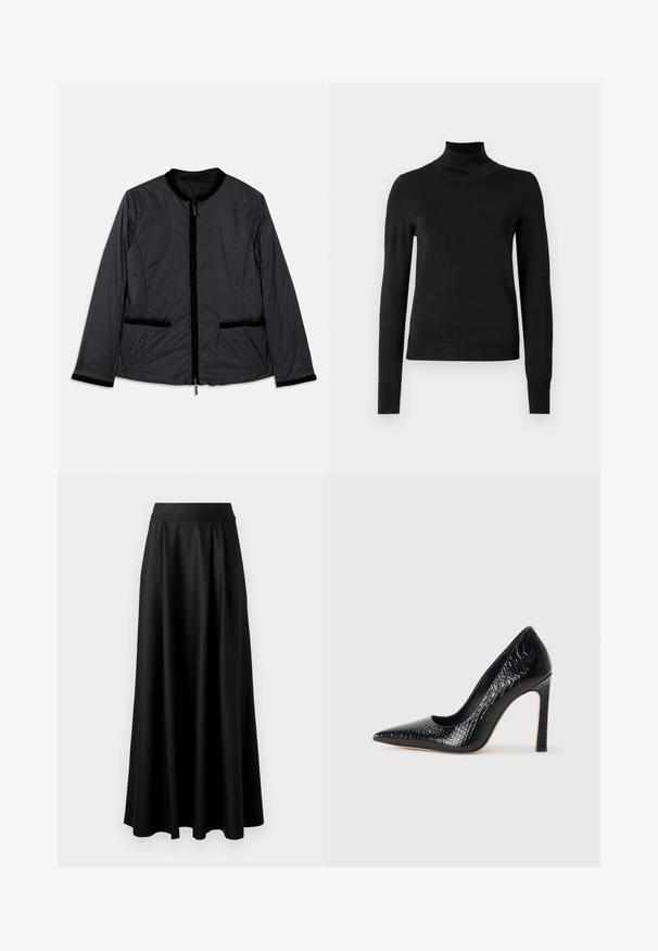 Crna, lagana jakna s okruglim ovratnikom, zatvaračem sprijeda i dva bočna džepa. Sadrži aksesoare od baršuna duž ovratnika i džepova.; Crna dugosruga majica s rolijom i rebrastim manžetama i donjim rubom, prikazana na jednostavnoj bijeloj pozadini.; Crna suknja do poda s glatkom teksturom, širokim pojasom i nabranim dizajnom, bez vidljivih uzoraka ili ukrašavanja.; Crne visoke potpetice s oštrim prstima, od teksture krokodilske kože, elegantnog dizajna, visoke stiletto potpetice i glatkog crnog unutrašnjosti.