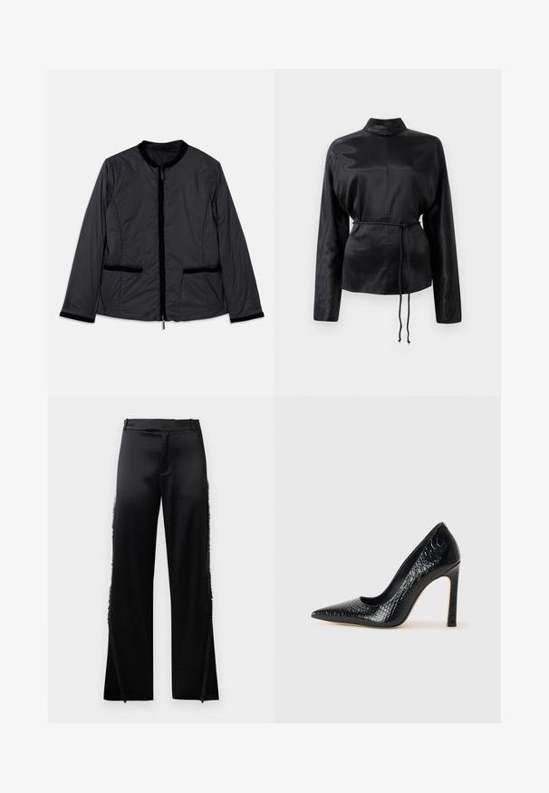 Black, lightweight jacket with a round collar, zippered front, and two side pockets. Features velvet accents along collar and pockets.; Black satin long-sleeve shirt with a high collar, cinched waist, and adjustable drawstring detail. Smooth texture with a sleek finish.; Black satin pants with wide legs, featuring fringe details along the side seams and a flat front waistband. Plain back without pockets.; Black pointed-toe high heel shoe with a crocodile-skin texture, featuring a sleek design, high stiletto heel, and smooth black interior.