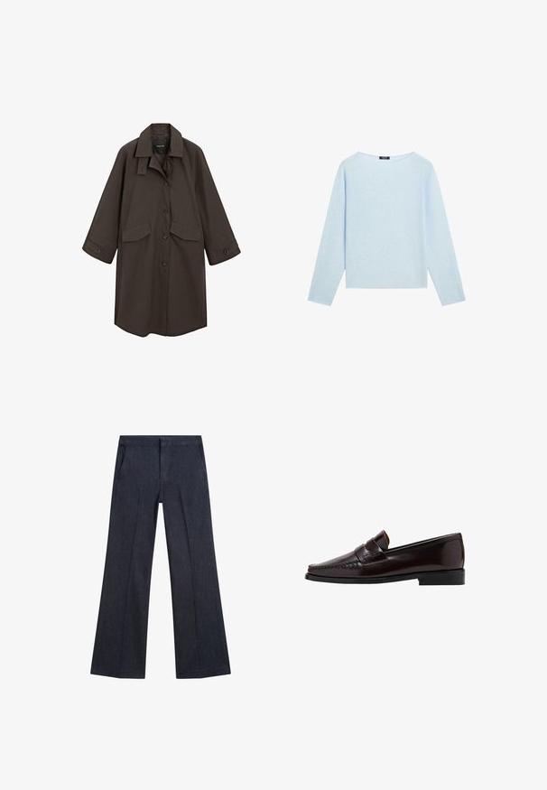 Bruine lange jas met een kraag, stoffen knopen aan de voorkant en twee opgestikte zakken. Heeft brede mouwen en een gladde, gestructureerde stof.; Lichtblauwe langemouwentrui met een brede bateauhals en een rechte zoom, weergegeven op een witte achtergrond.; Donkerblauwe denim wijde broek met voorzakken, een soepele textuur en een platte tailleband. Kenmerkt zich door op maat gemaakte plooiingen op de benen.; Bruine leren instapper met een moccasin-stijl voorkant, verhoogde stiksels langs de voet en een lage zwarte rubberen zool. Glad, gepolijst oppervlak.
