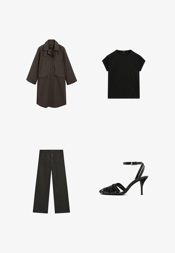 Brązowy długi płaszcz z kołnierzem, przednimi guzikami i dwiema naszytymi kieszeniami. Posiada szerokie rękawy i gładką, teksturowaną tkaninę.; Czarna, krótka koszulka z okrągłym dekoltem i prostym dołem, wyeksponowana na płasko na białym tle.; Szerokie czarne dżinsy z średnim stanem, z dwiema przednimi kieszeniami oraz czystym, minimalistycznym designem bez widocznych ozdób.; Czarne skórzane sandały na wysokim obcasie z paskiem na kostce, z plecionymi paskami na palcach, gładkim wykończeniem i spiczastym kształtem noska.