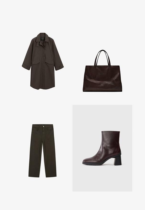 Bruine lange jas met een kraag, stoffen knopen aan de voorkant en twee opgestikte zakken. Heeft brede mouwen en een gladde, gestructureerde stof.; Bruine katoenen t-shirt, korte mouwen, ronde hals, relaxte pasvorm, gladde textuur, minimalistisch ontwerp, geen zichtbare patronen of accenten.; Donkergroene wijde jeans van een katoenmix, met een sluiting met een voorste knop, vijf zakken en klassieke denimstiksels.; Donkerbruin leren enkellaarsje met een blokhak en ronde neus, weergegeven op een effen lichtgrijze achtergrond.; Massimo Dutti Handtas - brown