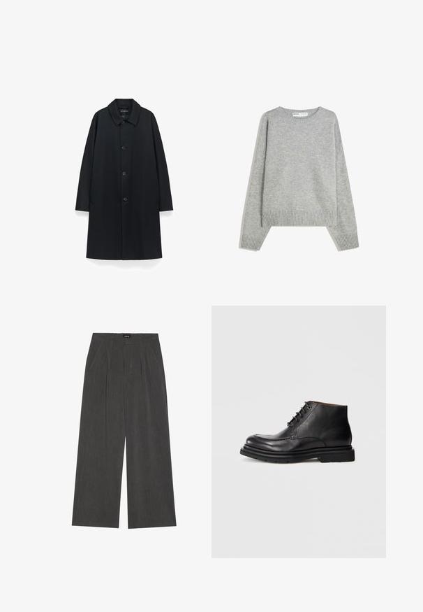 Cappotto nero con colletto, cinque bottoni sul davanti, tasche laterali e silhouette dritta, realizzato in tessuto morbido con finitura opaca.; Maglione grigio a maglia con scollatura rotonda, polsini e orlo a costine, caratterizzato da una vestibilità rilassata e una texture morbida.; Pantaloni a gamba larga in tessuto grigio scuro, con fronte plissettato, due tasche laterali e vita piatta. Texture liscia e design sartoriale.; Stivale alla caviglia in pelle nera con chiusura con lacci, punta rotonda e suola spessa in gomma su uno sfondo bianco puro.