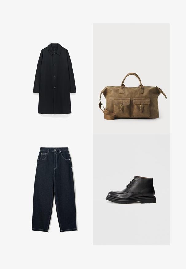 Cappotto nero con colletto, cinque bottoni sul davanti, tasche laterali e silhouette dritta, realizzato in tessuto morbido con finitura opaca.; Maglione grigio a maglia con scollatura rotonda, polsini e orlo a costine, caratterizzato da una vestibilità rilassata e una texture morbida.; Jeans in denim scuro a gamba larga con cuciture bianche a contrasto, cinque tasche e chiusura con bottone. Presentano un design a vita alta.; Stivale alla caviglia in pelle nera con chiusura con lacci, punta rotonda e suola spessa in gomma su uno sfondo bianco puro.; Borsa da viaggio in pelle marrone con due tasche frontali, tracolla regolabile, hardware dorato e manici superiori robusti. Texture liscia.