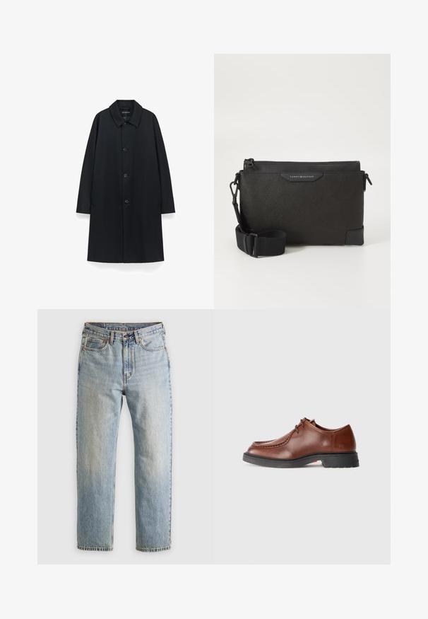 Cappotto nero con colletto, cinque bottoni sul davanti, tasche laterali e silhouette dritta, realizzato in tessuto morbido con finitura opaca.; Camicia a maniche lunghe bordeaux in cotone, con colletto button-down, chiusura frontale con bottoni e un piccolo logo sul petto.; Jeans in denim azzurro chiaro con vita alta, bottone anteriore, cerniera e design a cinque tasche, adagiati su uno sfondo neutro.; Scarpa da dress in pelle marrone con punta rotonda, cuciture a contrasto, design con lacci e suola in gomma nera texture.; Borsa a tracolla in pelle nera con finitura testurizzata, dotata di chiusura a zip e tracolla regolabile. Fodera con logo sul davanti. Forma rettangolare.