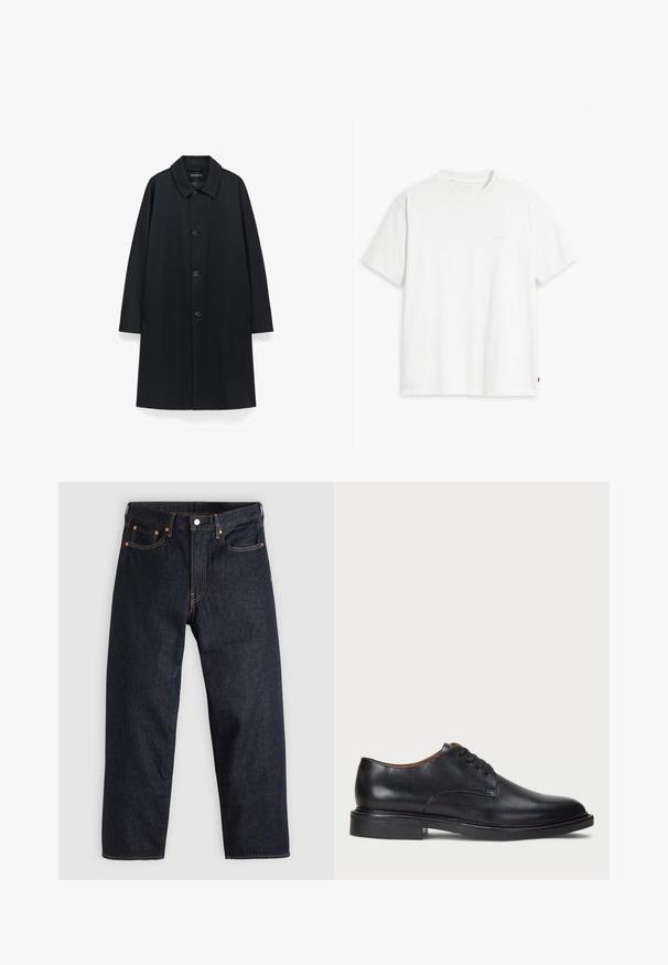 Cappotto nero con colletto, cinque bottoni sul davanti, tasche laterali e silhouette dritta, realizzato in tessuto morbido con finitura opaca.; T-shirt bianca in cotone con maniche corte, colletto tondo e logo Levi's discreto stampato al centro. Texture morbida e vestibilità standard.; Jeans in denim blu scuro con taglio dritto, cinque tasche, cuciture arancioni a contrasto e chiusura con bottone. Nessun motivo o decorazione visibile.; Scarpa da uomo in pelle nera con punta rotonda, design con lacci e tacco basso impilato. Texture liscia con dettagli di cucitura minimi.