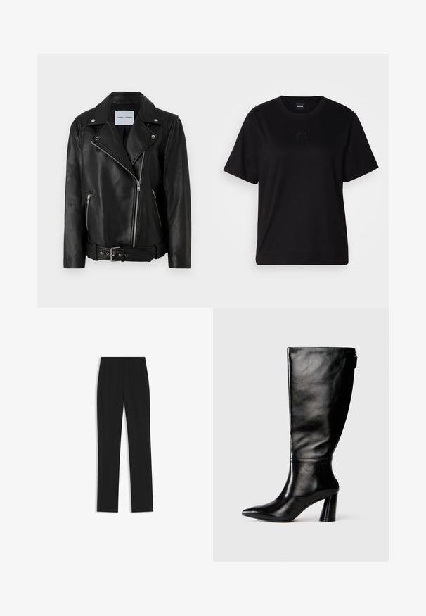 Black leather biker jacket with silver-tone zippers, belted waist, and peaked lapels. Features two zippered pockets and a smooth texture.; Black cotton t-shirt with a crew neckline, short sleeves, and an embroidered logo on the chest. Simple, relaxed fit with no patterns.; Black tailored trousers with a straight-leg design, featuring front pockets and a smooth, textured fabric. Neat, minimal detailing.; Knee-high black leather boot with a pointed toe, smooth texture, and a chunky heel. Features a zipper detail at the back.