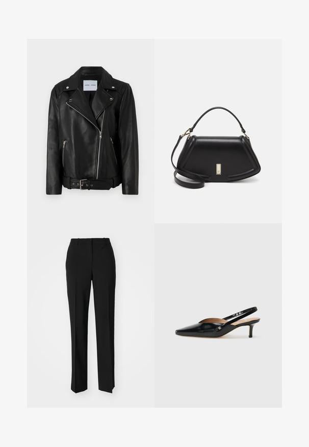 Schwarze Leder-Bikerjacke mit silberfarbenen Reißverschlüssen, tailliertem Bund und spitzen Revers. Verfügt über zwei Reißverschlusstaschen und eine glatte Textur.; Schwarzes Baumwoll-T-Shirt mit Rundhalsausschnitt, kurzen Ärmeln und aufgesticktem Logo auf der Brust. Einfacher, lässiger Schnitt ohne Muster.; Schwarze, taillierte Hose mit geradem Bein, aus einem glatten Stoff und mit klaren Falten an der Vorderseite. Keine sichtbare Hardware.; Schwarze Lackleder Slingback-Pump mit spitzem Zehenbereich, kleinem Absatz und einem Ausschnittdesign auf dem Vorderteil. Hardware in Goldton als Akzent an der Seite.; Schwarze Lederhandtasche mit einem strukturierten Design, das eine verkürzte Form, einen oberen Griff und goldfarbene Hardware-Details aufweist. Verstellbarer Schulterriemen ist enthalten.