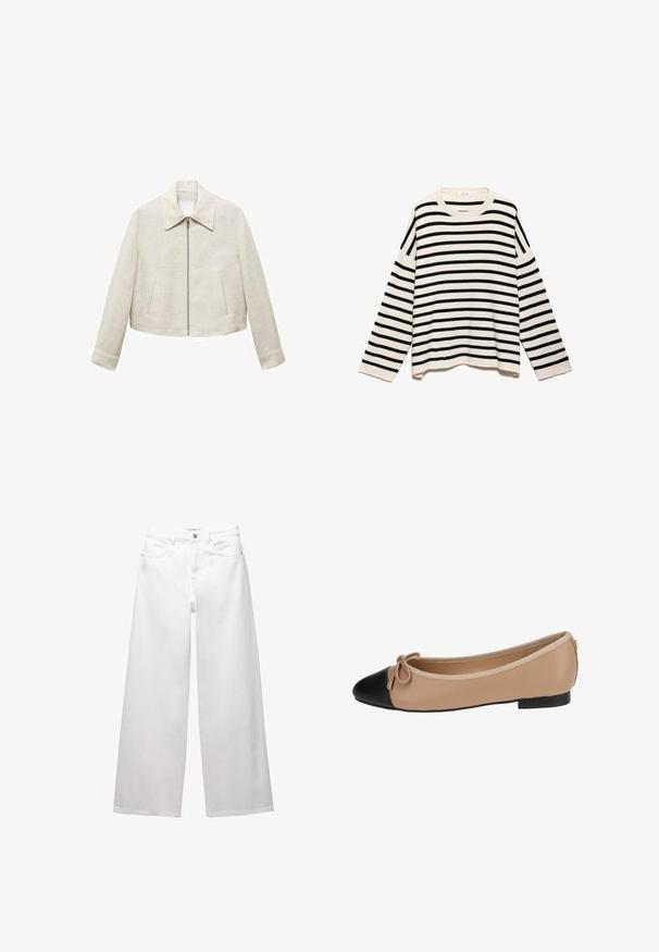 Giacca in lino cropped di un beige chiaro con colletto a punta, zip frontale e due tasche laterali. Texture semplice e liscia senza fantasie.; Maglione a righe con un motivo nero e crema, realizzato in tessuto testurizzato, con maniche lunghe e scollatura rotonda.; Jeans bianchi a gamba larga realizzati in denim. Presentano chiusura con bottone, tasche anteriori e posteriori, e cuciture rinforzate. Tessuto liscio con dettagli minimi.; Ballerine in pelle beige con punta nera. Presenta un dettaglio a fiocco sul davanti e una texture liscia. Design a profilo basso con suola in gomma.