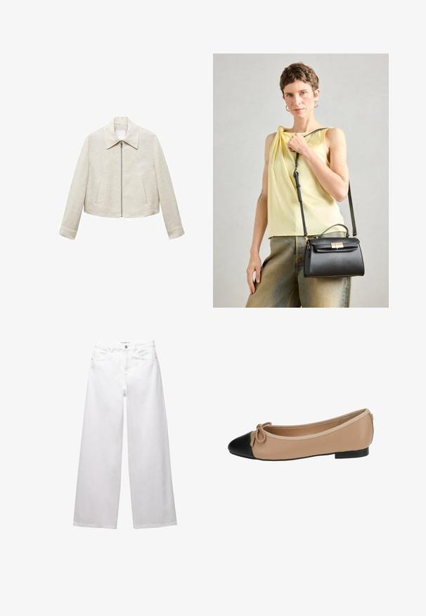 Lněná zkrácená bunda ve světle béžové barvě s špičatým límcem, předním zipem a dvěma bočními kapsami. Jednoduchá, hladká textura bez vzorů.; Pruhovaný svetr s černobílým vzorem, vyrobený z texturované látky, s dlouhými rukávy a kulatým výstřihem.; Bílé široké džíny vyrobené z denimu. Obsahují zapínání na knoflík, přední a zadní kapsy a šité švy. Hladká textura s minimálními detaily.; Béžové baleríny z kůže s černým špičkovým dílem. Obsahují detail mašle na přední straně a hladký povrch. Nízký profil s gumovou podrážkou.; Černá kožená kabelka se strukturovaným designem, horním uchem a nastavitelným popruhem. Hladký povrch a detail zlatého kovového klipsu.