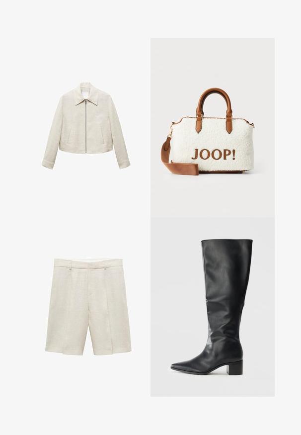 Lniana, krótka kurtka w jasnym beżu z wysmuklającym kołnierzem, przednim zamkiem błyskawicznym i dwiema bocznymi kieszeniami. Prosta, gładka struktura bez wzorów.; PULL&BEAR - Top; Beżowe lniane szorty o dopasowanym kroju, z gładkim przodem, podwójnymi fałdami i szlufkami na pasek. Gładka tekstura, długość do połowy uda.; Czarna skórzana bota do kolan z ostrym noskiem i kostką, widziana z boku na jednolitym tle.; Biała pluszowa torba z brązowymi skórzanymi akcentami i uchwytami. Zawiera brązowe logo "JOOP!". Posiada odpinany pasek na ramię.
