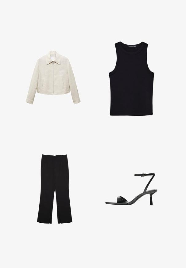 Linen skrajšana jakna v svetlem bež odtenku s koničastim ovratnikom, sprednjim zadrgo in dvema stranskima žepoma. Preprosta, gladka tekstura brez vzorcev.; Črna majica brez rokavov iz bombaža, z okroglim izrezom in širokimi odprtinami za roke. Gladka tekstura s šivi na robovih. Klasičen, minimalističen dizajn.; Črne hlače ravnega kroja z naglavnimi žepi in stranskimi razporki na robu. Narejene iz mehke, gladke tkanine. Primerne za različne priložnosti.; Bershka Sandali z visoko peto - black