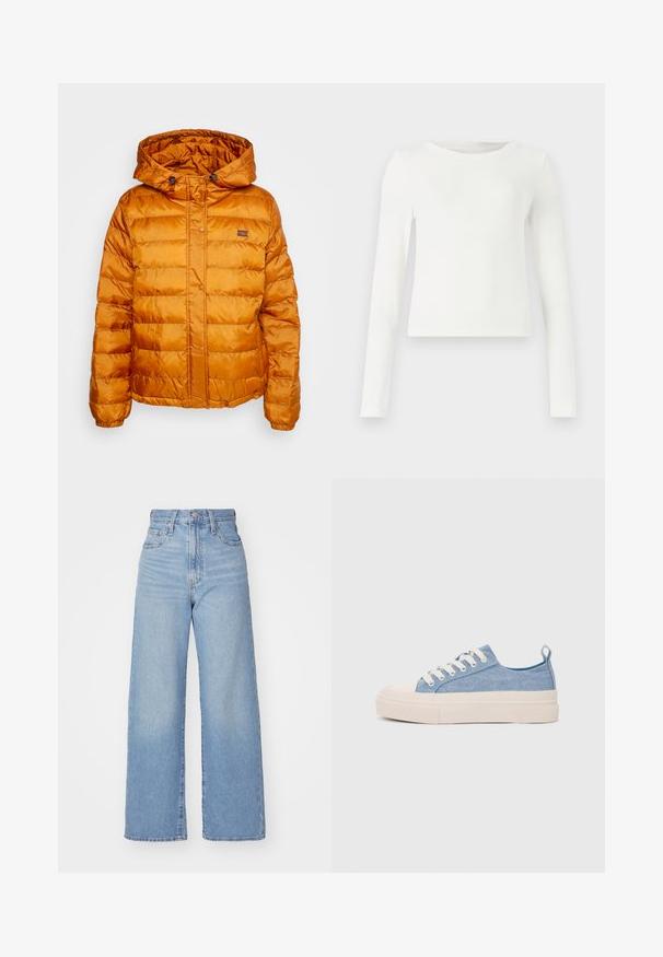 Jachetă pufoasă portocalie cu glugă, confecționată dintr-un material lucios, matlasat. Are închidere cu capse și un logo mic pe piept.; Top alb cu maneci lungi din material canalat, cu guler rotund. Textură netedă, design ajustat, fără modele sau accente vizibile. Stil simplu și minimalist.; Jeans cu talie înaltă, de culoare albastru deschis, cu croială largă, dotate cu nasture și fermoar la față, buzunare în față și spate, pe un fundal alb.; Sneakers din pânză de culoare albastru deschis, cu vârf și talon din cauciuc crem, având șireturi albe și un maner pe călcâi.