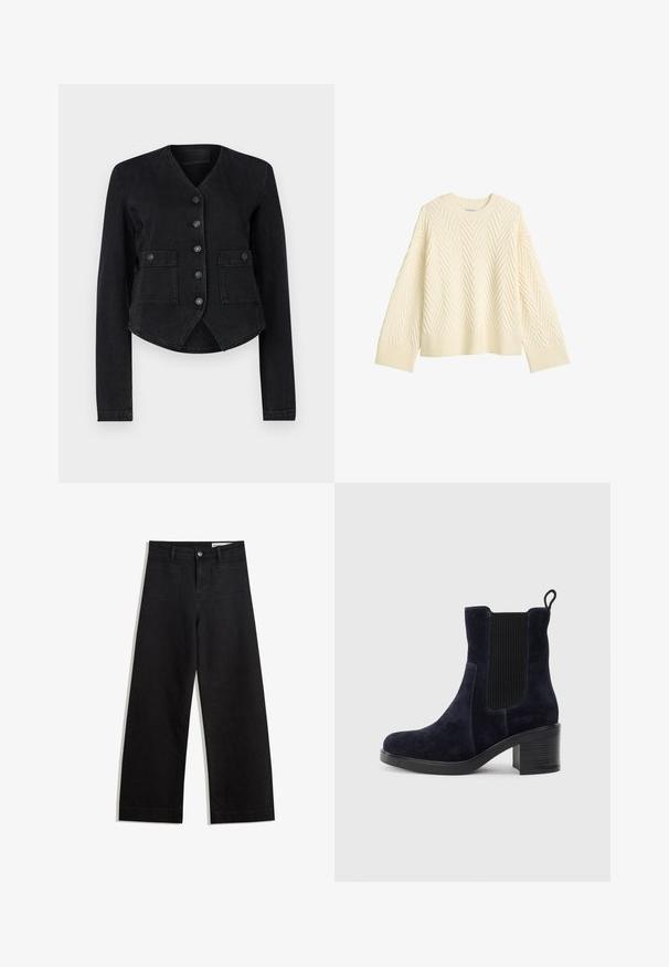 Veste en denim noir avec un col en V, des manches longues, six boutons sur le devant, deux poches poitrine et un ourlet court. Tissu texturé avec une finition lisse.; Pull en tricot couleur crème avec un motif en chevrons texturé, encolure arrondie, et poignets et ourlet côtelés. Coupe ample avec des épaules tombantes.; Pantalon en denim noir à jambes larges avec une taille haute, comprenant des poches avant et arrière, des coutures piquées et une fermeture à bouton. Texture lisse.; Bottines en suede bleu marine avec panneau latéral élastique, bout rond et talon carré. Le tissu texturé et la semelle lisse ajoutent du contraste.