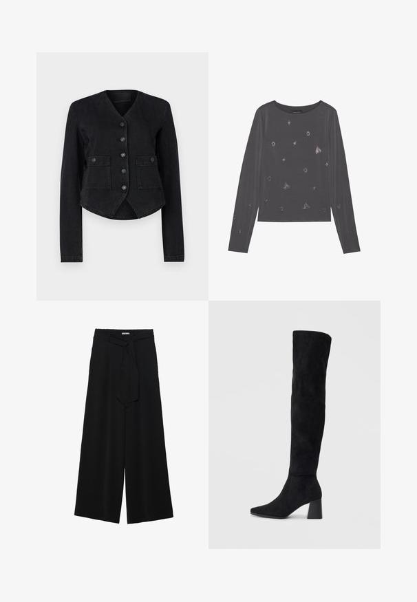 Schwarze Denimjacke mit V-Ausschnitt, langen Ärmeln, sechs vorderen Knöpfen, zwei Brusttaschen und einem cropped Saum. Strukturiertes Material mit glatter Oberfläche.; Graues Langarmshirt mit Rundhalsausschnitt, das mit verstreuten metallischen Details und einer glatten Textur versehen ist.; Schwarze weite Hosen aus strukturiertem Stoff, mit elastischem Bund und einem abnehmbaren Bindegürtel in der Taille für eine verstellbare Passform.; Schwarze Wildleder-Stiefel bis zum Knie mit Blockabsatz, spitzer Zehe und glattem, nahtlosem Design auf einem schlichten, hellen Hintergrund.