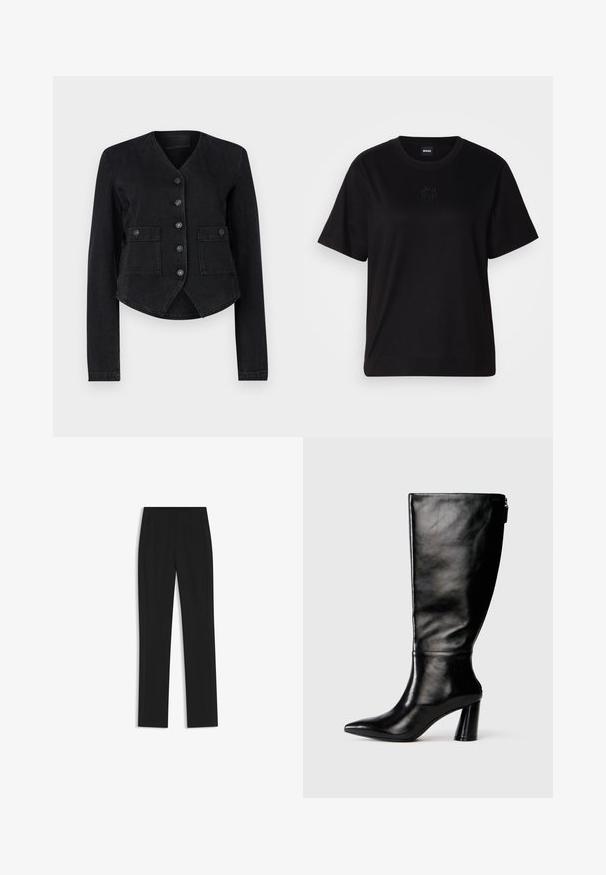 Veste en denim noir avec un col en V, des manches longues, six boutons sur le devant, deux poches poitrine et un ourlet court. Tissu texturé avec une finition lisse.; T-shirt en coton noir avec un col rond, des manches courtes et un logo brodé sur la poitrine. Coupe simple et décontractée sans motifs.; Pantalon noir ajusté avec une coupe droite, doté de poches avant et d'un tissu lisse et texturé. Détails soignés et minimalistes.; Botte en cuir noir à hauteur de genoux avec un bout pointu, une texture lisse et un talon épais. Elle présente un zip à l'arrière.