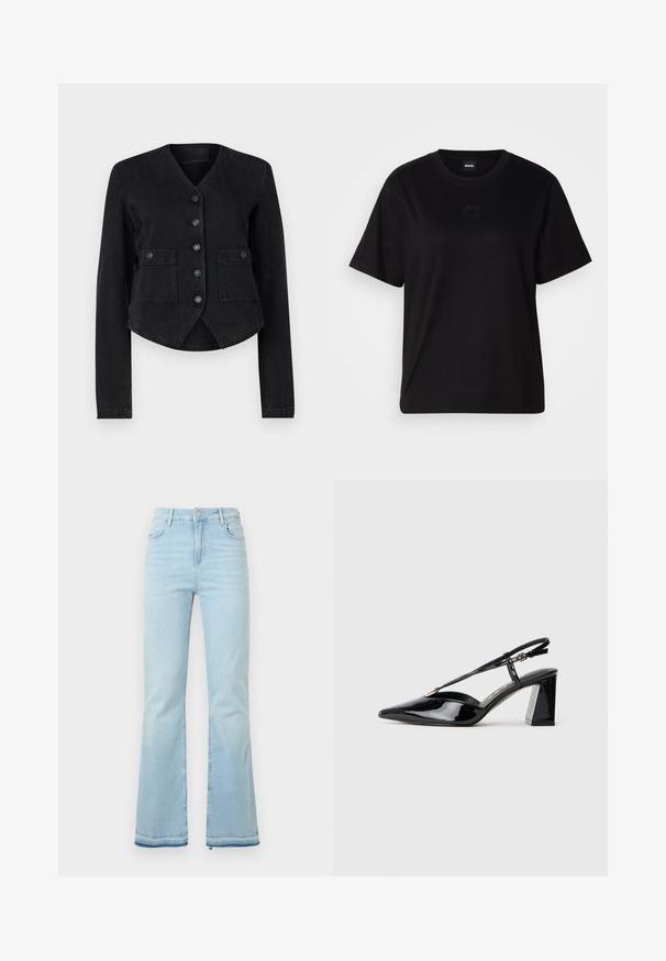 Mustmustest mustraha V-kaelusega must denimpalitu, pikkade varrukatega, kuue esiknöpiga, kahe rinnaTaskuga ning lühendatud äärtega. Tekstuuriga kangas sujuva viimistlusega.; Mustmust särk, millel on ümar kaelus, lühikesed varrukad ja tindiga tikitud logo rinnal. Lihtne, mugav lõige ilma mustriteta.; Heledad helesinised teksad, mis on valmistatud denimist, kõrge vöökohaga, esikottidega ning toore äärtega sääreosas, et luua lõdvestunud välimus.; Mustadast mustast lakknahast kõrge kontsaga kingad, millel on terav varvas, reguleeritav rihm ja jäme ristkülikuline konts.