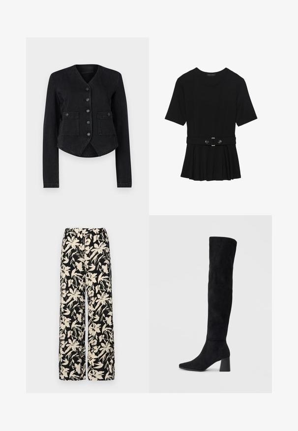 Melnas denim jaka ar V veida kaklu, garām piedurknēm, sešiem priekšējiem pogām, divām krūšu kabatām un īsu apakšmalu. Tekstūrēta auduma ar gludu apdari.; Melnas īsām piedurknēm topiņš, izgatavots no gludas materiāla, ar pepluma dizainu un jostu ar divām apaļām sudraba krāsas pogām.; Melni platie bikses ar krēmkrāsas ziedu rakstu. Izgatavotas no viegla auduma, kuram ir gluda tekstūra un augsta jostasvietas daļa.; Melna zamšāda līdz ceļiem, ar blokveida papēdi, norādītu purngalu un gludu, bezšuvju dizainu uz vienkārša gaiša fona.