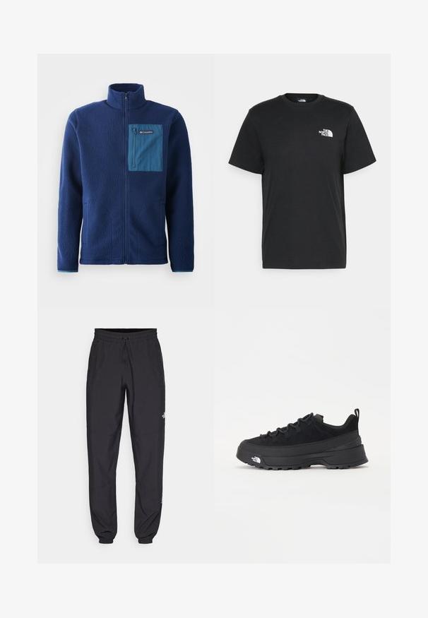 Navy-Fleecejacke mit hohem Kragen, ausgestattet mit einer kontrastierenden blauen Reißverschlusstasche auf der Brust und zwei Seitentaschen. Weicher, strukturierter Stoff.; Schwarzes Baumwoll-T-Shirt mit kurzen Ärmeln, Rundhalsausschnitt und einem kleinen weißen Logo auf der linken Brust. Schlichtes Design, glatte Textur und lockere Passform.; Schwarze Sporthosen aus leichtem Stoff, mit einem Kordelzugbund, seitlichen Taschen und schmal zulaufenden Bündchen an den Knöcheln.; Schwarzer Outdoorsneaker mit einem Obermaterial aus Wildleder, strukturierter Gummisohle und robustem Schnürsystem. Verfügt über eine verstärkte Ferse und das Markenlogo an der Seite.