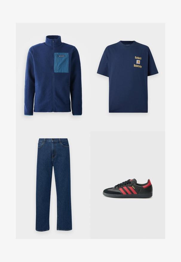 Casaco de polar azul marinho com colarinho alto, apresentando um bolso de peito com zíper azul em contraste e dois bolsos laterais. Tecido suave e texturizado.; T-shirt de algodão azul-marinho com mangas curtas, apresentando texto dourado "Carhartt University" e um emblema no lado esquerdo do peito.; Jeans de denim azul escuro, de perna reta, com bolsos frontais e fecho de botão, exibidos sobre um fundo branco liso.; Sapatilhas pretas com riscas vermelhas, materiais em camurça e pele, bico arredondado, atacadores planos, sola de borracha texturizada e detalhes em dourado.