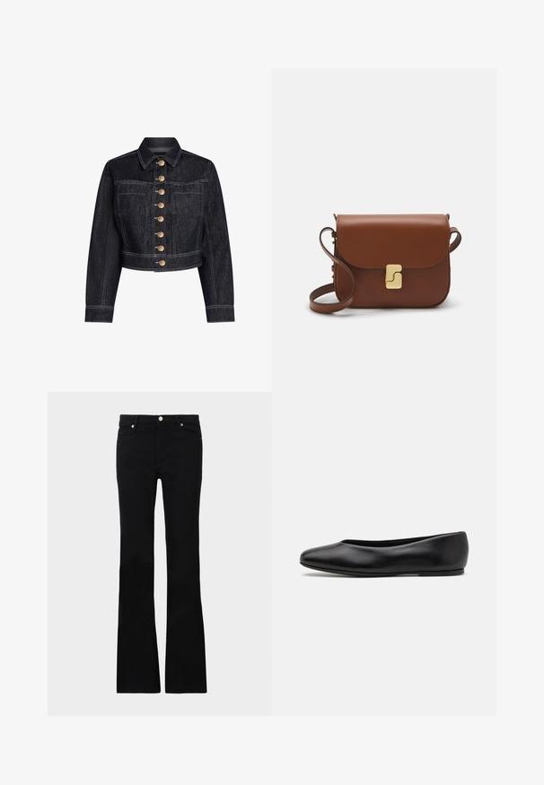 Tamna traper jakna do struka sa strukturiranim dizajnom, prednje zatvaranje na dugmad s zlatnim dugmadi, džepovi na prsima i kontrastni bijeli šavovi.; Bijela rebrasta majica bez rukava s širokim naramenicama i prilagođenim siluetom. Ima mali reljefni logo blizu rubnog dijela.; Crne široke traperice izrađene od denima, s dva prednja džepa, kopčanjem na dugme i glatkom teksturom. Potpisna šavova vidljiva na šavovima.; Paul Smith TOPANGA - Balerinke - black; Smeđa kožna torba s preklopom, zlatnim detaljima, remenom za nošenje preko ramena i glatkom teksturom. Kompaktni pravokutni oblik.