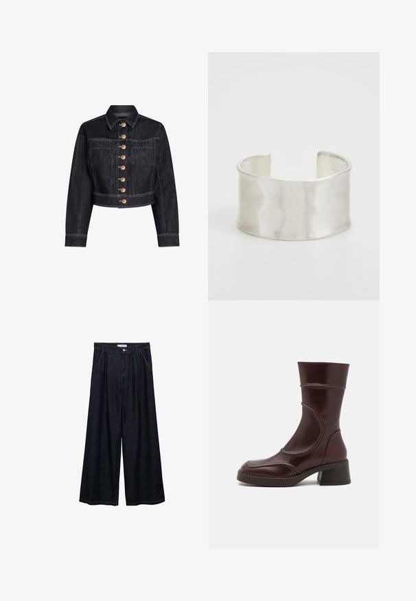 Tamna traper jakna do struka sa strukturiranim dizajnom, prednje zatvaranje na dugmad s zlatnim dugmadi, džepovi na prsima i kontrastni bijeli šavovi.; Svijetlobejž kašmirna majica kratkih rukava s pričvršćenim detaljem šal koji pada oko izreza.; Tamno plave široke traperice visokog struka, koje imaju prednje kopčanje na dugme, dva bočna džepa i detalje šivanja.; MIISTA MALENE - Klasične gležnjače - brown; Zign Narukvica - silver-coloured