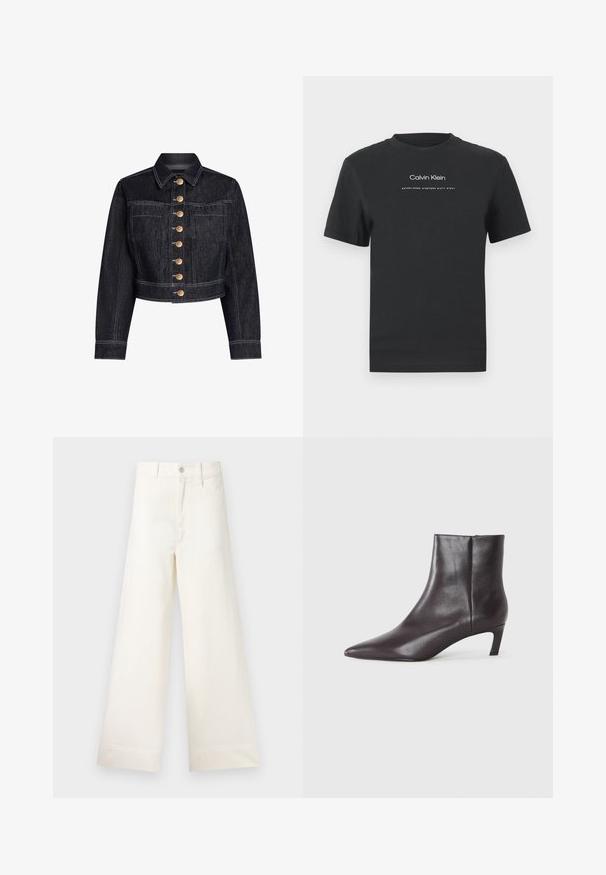 Temnoje traper jakno s skrajšanim krojem in strukturirano zasnovo, sprednjim zapiranjem na gumb z zlatimi gumbi, žepoma na prsih in kontrastnim belim šivanjem.; Črna bombažna majica s krožnim izrezom, kratkimi rokavi in belim potiskanjem logotipa "Calvin Klein" ter besedilom "Ustanovljen 1968".; Široke hlače iz svetlo bež bombaža. Imajo visoko pas, sprednje žepke in ravno krojenje. Čist zaključek brez vzorcev.; Črne usnjene gležnjarje s koničastim nosom in nizko mačjo peto, z gladkim površjem, stranskim zadrgo, prikazane na nevtralni podlagi.