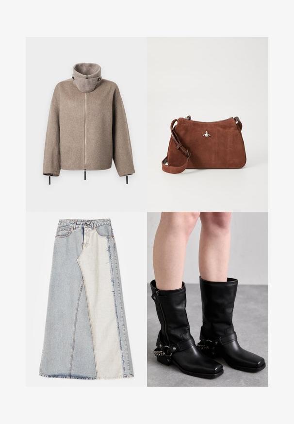 Jachetă dintr-un amestec de lână de culoare maronie, având un guler înalt, cu dungi, cu închidere prin fermoar și accente negre pe mâneci pentru o ajustare confortabilă.; Pulover tricotat bej cu dungi, cu decolteu adânc în V, mâneci lungi și un panou texturat la piept. Lungime scurtă cu o croială lejeră.; Fustă din denim cu un design patchwork, având secțiuni de albastru deschis și mediu, margini desfăcute și talie înaltă. Stil clasic cu cinci buzunare.; Botine negre din piele, cu toc drept, fermoar lateral și curea ajustabilă cu un accent din lanț metalic. Finisaj mat și talpă robustă.; Geantă din suede maro, cu închidere prin fermoar, curea de umăr reglabilă și detalii metalice argintii, având o suprafață texturată subtilă.