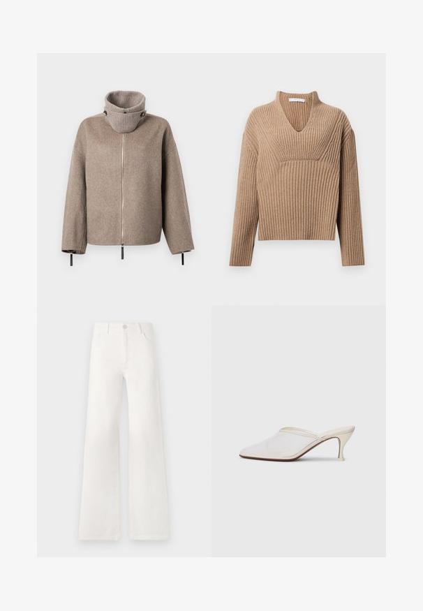 Jachetă dintr-un amestec de lână de culoare maronie, având un guler înalt, cu dungi, cu închidere prin fermoar și accente negre pe mâneci pentru o ajustare confortabilă.; Pulover tricotat bej cu dungi, cu decolteu adânc în V, mâneci lungi și un panou texturat la piept. Lungime scurtă cu o croială lejeră.; Jeans albe, cu talie înaltă și croială largă, realizate din denim. Dispun de închidere cu buton, două buzunare frontale și cusături detaliate pe laterale.; Mule alb cu plasă, cu vârf ascuțit, toc subțire de înălțime medie și design slip-on, pe un fundal simplu.