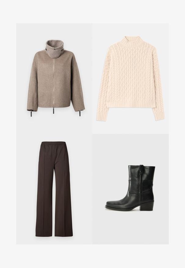 Smešavani smeđi vuneni kaput s visokim, rebrastim okovratnikom, zatvaranjem na patentni zatvarač i crnim detaljima na rukavima za prilagodljivi fit.; Kremasti pleteni pulover s visokim rebrastim ovratnikom, s valovitim uzorkom i rebrastim manžetama i rubom. Opusten kroj i teksturirani završetak.; Široke hlače od tamnosmeđe tkanine s elastičnom trakom u struku, s glatkom teksturom i urednim linijama za prilagođeni izgled.; Crne kožne čizme do članaka s okruglim vrhom, blok potpeticom, bočnim patentnim zatvaračem i detaljima od šavova na gornjem dijelu. Glatka tekstura, klasičan dizajn.