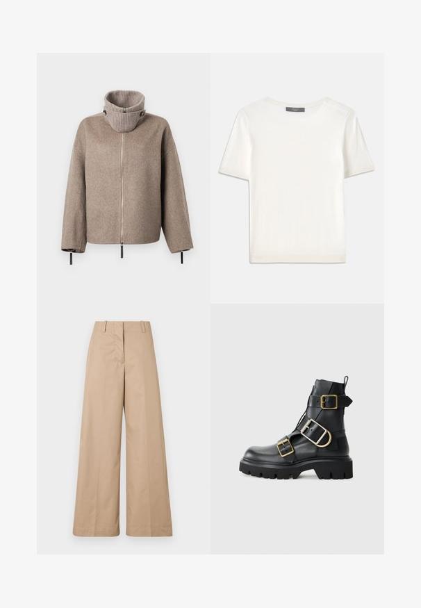 Ruda vilnos blendinė striukė su aukšta, raukšlėta apykakle, užtrauktuku ir juodomis detalėmis ant rankovių, suteikiančiomis reguliuojamą pritaikymą.; Baltas trumpas rankovėmis megztinis su apvaliu kaklu, pasižymintis lygia tekstūra ir subtiliais raštuotais akcentais rankovėse bei apykaulyje.; Smėlio spalvos plačiakulkės kelnes su lygaus medvilninio audinio, turinčios pritaikytą juosmenį ir plokščią priekį, sukurtos atsipalaidavusiam fitui ir švarioms linijoms.; Juodas odinis kulkšninis batas su masyviu padu, turintis kelias juostas ir auksinius aksesuarus. Lygi tekstūra, tvirtas dizainas.