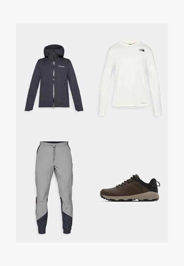 Crna vodootporna jakna s kapuljačom, prednjim zatvaračem i dva bočna džepa. Ima glatku teksturu i logotip na prsima.; Bijela majica dugih rukava s okruglim izrezom, teksturirana tkanina, crni logo na lijevom ramenu i suptilno brendiranje pri dnu.; Lagane, sive atletske hlače s crnim akcentima. Elastični pojas, zatvaranje na vezicu, dizajn suženih nogavica i bočne džepove.; Smeđe vodootporne tenisice s teksturiranom gornjom i perforiranim detaljima, crnom potporom za petu i sivim gumiranim potplatom. Čipke su stilizirane s metalnim krajevima.