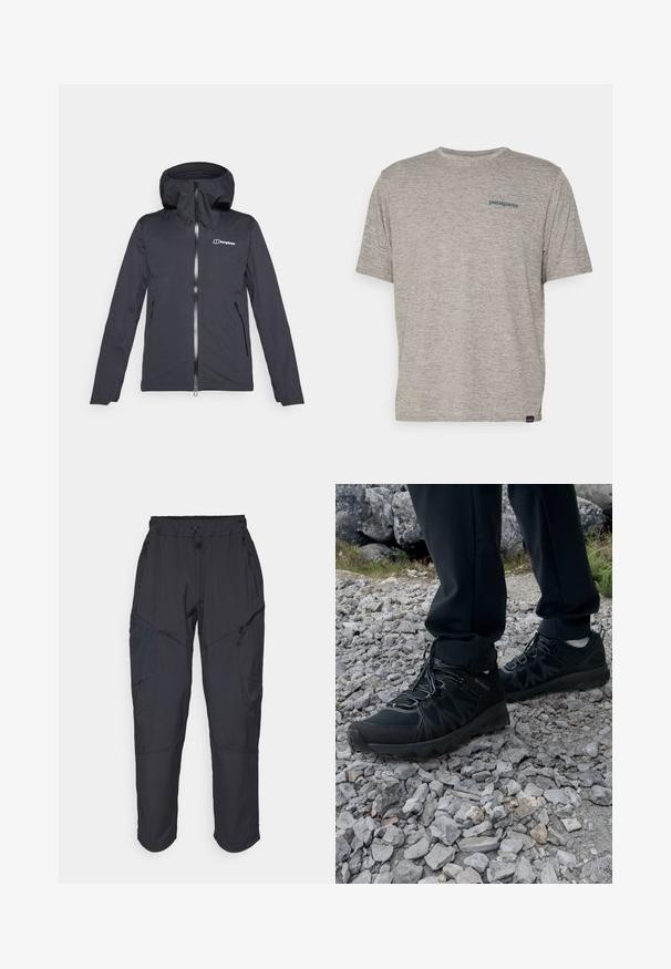 Zwarte waterdichte jas met capuchon, voorrits en twee zijzakken. Heeft een gladde textuur en een logo op de borst.; Grijze T-shirt met korte mouwen, gemaakt van zachte, gestructureerde stof, met een klein blauw Patagonia-logo op de linkerkant van de borst. Geen extra patronen.; Zwarte cargo pants gemaakt van een lichtgewicht, waterafstotend materiaal; voorzien van een elastische tailleband, meerdere met rits gesloten zakken en taps toelopende pijpen.; Zwarte buitenschoenen van mesh en synthetisch materiaal, met een gestructureerd bovenwerk, een beveiligd vetersysteem en een robuuste zool, op een ruig terrein.