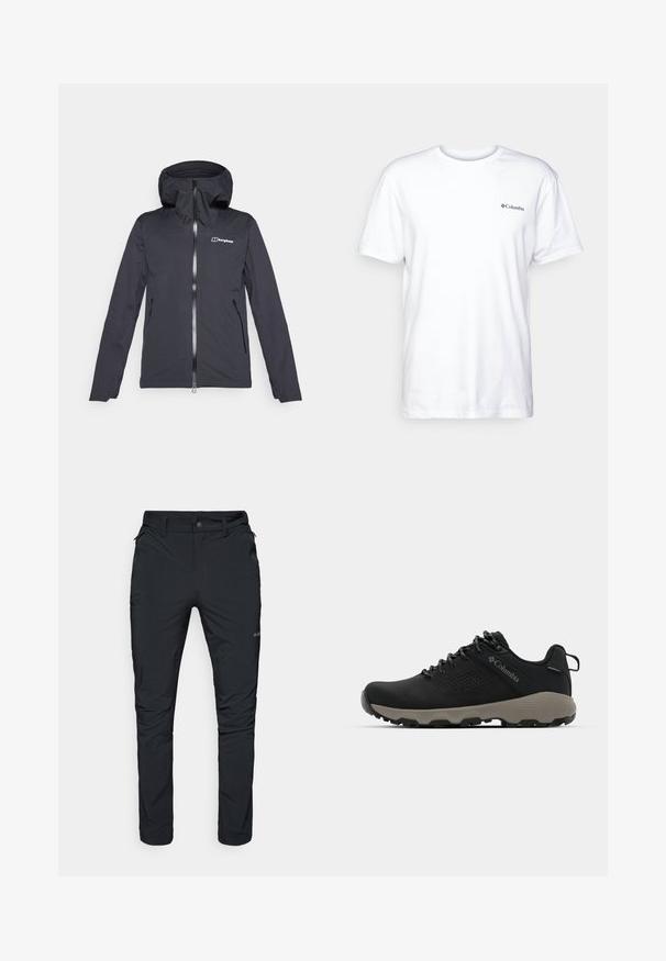 Must tõmblukuga must veekindel jope, millel on kapuuts ja kaks küljetaskut. Omab sujuvat tekstuuri ja rinnal on logo.; Valge puuvillane T-särk lühikeste varrukatega, ümmargune kaelus ning väike must Columbia logo vasakul rinnal. Pehme, lihtne kujundus.; Mustad mustad välitaskud, sirge lõikega, tõmblukkudega taskud, vöödeljed ja kerge, vastupidav kangas.; Mustad matkajalanõud musta ülemise osaga, sileda pinnaga, perforatsiooni disainiga, hallal väljal ja tugevdatud kontsaga. Omab paelu ja tõmbetaba lihtsaks selga panemiseks.