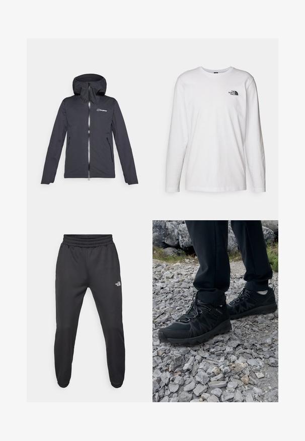Black waterproof jacket with a hood, front zipper, and two side pockets. Features a smooth texture and a logo on the chest.; White long-sleeve T-shirt made of cotton with a crew neck. Features a small black logo on the chest. Smooth texture, regular fit.; Black sweatpants with a drawstring waist, tapered fit, elastic cuffs, and a small white logo on the left thigh, made from smooth fabric.; Black outdoor shoes with mesh and synthetic material, featuring a textured upper, secured lacing system, and a rugged outsole, on rocky terrain.