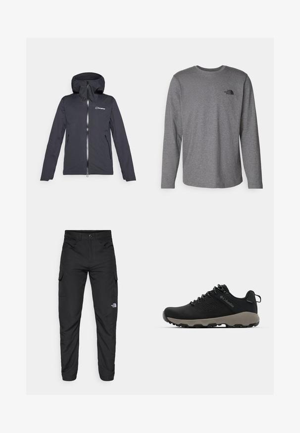 Giacca impermeabile nera con cappuccio, cerniera frontale e due tasche laterali. Presenta una texture liscia e un logo sul petto.; The North Face M L/S SIMPLE DOME TEE - Maglietta a manica lunga - medium grey heather; The North Face HORIZON PANT - Pantaloni outdoor - black; Scarpa da trekking nera con tomaia liscia, design perforato, suola grigia e tallone rinforzato. Caratterizzata da lacci e un anello per una facile calzata.