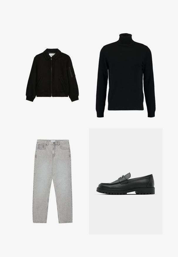 Casaco preto com fecho éclair, feito de tecido macio, apresentando um colarinho, dois bolsos laterais e um bolso com fecho éclair na manga.; Suéter de gola alta preto feito de um material de malha suave. Apresenta mangas longas, gola canelada e bainha. Design simples e elegante, sem padrões.; Calças de ganga cinza claro com um design de perna reta, estilo de cinco bolsos e fecho com botão. Costura visível ao longo das costuras.; Sapatilhas de couro preto com bico arredondado, apresentando um design cosido, sola de plataforma baixa e um solado de borracha texturizado e com cravos.