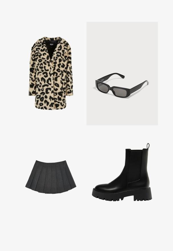 Luipaardprintjas in bruin en zwart, gemaakt van pluche stof. Het heeft een kraag, een dubbelzijdig ontwerp en twee voorzakken.; Gebreide trui in donkergrijs met een oversized pasvorm, voorzien van een geometrisch crèmekleurig patroon van cirkels en rechthoeken. Hoog halsontwerp.; Plissérok in donkergrijs, gemaakt van een gemêleerde stof. Heeft een uitlopende silhoutte met gelijkmatig verdeelde plooien en een platte tailleband.; Zwarte leren enkelboot met een getextureerd zijpaneel, ronde neus en stevige platformzool met een zigzagprofiel.; Zwarte rechthoekige zonnebril met grijs-getinte lenzen, gemaakt van glad plastic. Kenmerkt zich door een minimalistisch ontwerp met rechte pootjes en subtiele branding.; Zwarte leren hobo tas met een slouchy ontwerp, brede schouderband en een gladde textuur. Heeft een enkele ritssluiting aan de zijkant.