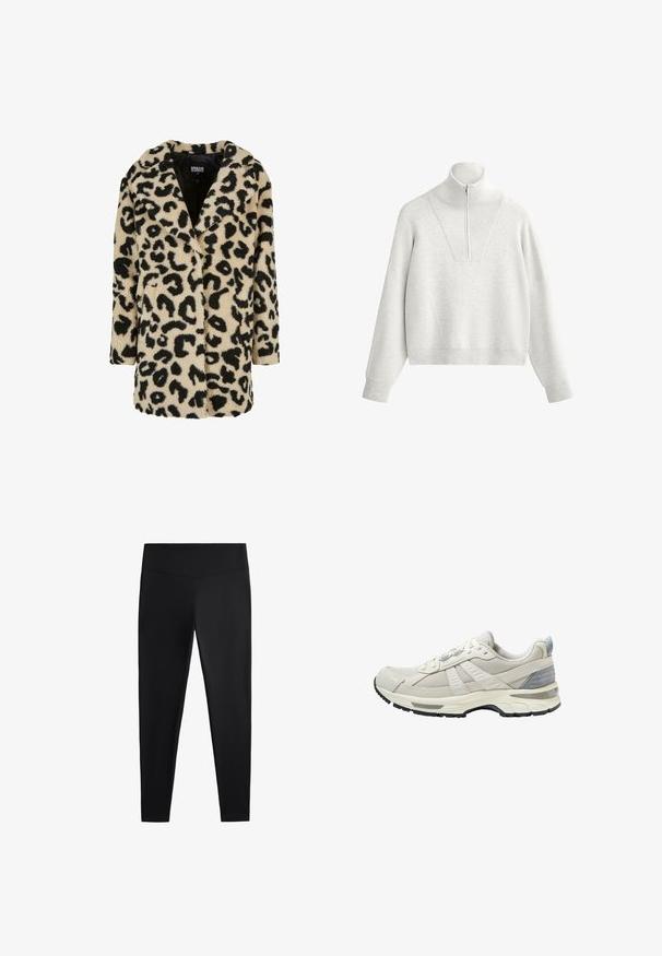 Leopárdmintás kabát büszke, fekete és barna színben, puha anyagból készült. Keresztbe gombolható gallérja van, valamint két elülső zsebe.; Világosszürke pulóver magas gallérral, félig cipzárral és bordázott textúrával. Dobozos fazon, eső vállakkal és strukturált kialakítással.; Fekete leggings sima, rugalmas anyagból. Széles derékpánt és szűkülő lábzárás jellemzi, alkalmas aktív vagy laza viseletre.; Bézs színű sportcipő texturált hálós felsőrésszel és sima kiegészítőkkel. Párnázott talppal, megerősített orr-résszel és fekete gumitalppal rendelkezik.