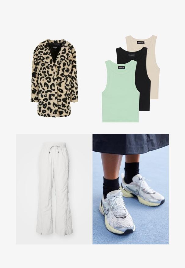 Kaput od leoparda u boji tamne i crne, izrađen od plišanog materijala. Ima ovratnik, dvostruko kopčanje i dva prednja džepa.; Tri majice bez rukava u boji mente, crnoj i bež boji; izrađene od rebraste tkanine s okruglim izrezom. Vidljiva oznaka branda.; Svijetlosivi cargo hlače od teksturiranog materijala, s elastičnim pojasom i vezicom, bočnim džepovima i patentnim zatvaračima na gležnjevima.; Bijele i srebrne Nike tenisice od mrežaste tkanine, s reflektirajućim detaljima i bež potplatom. Nosi se s crnim čarapama, stojeći na plavoj površini.