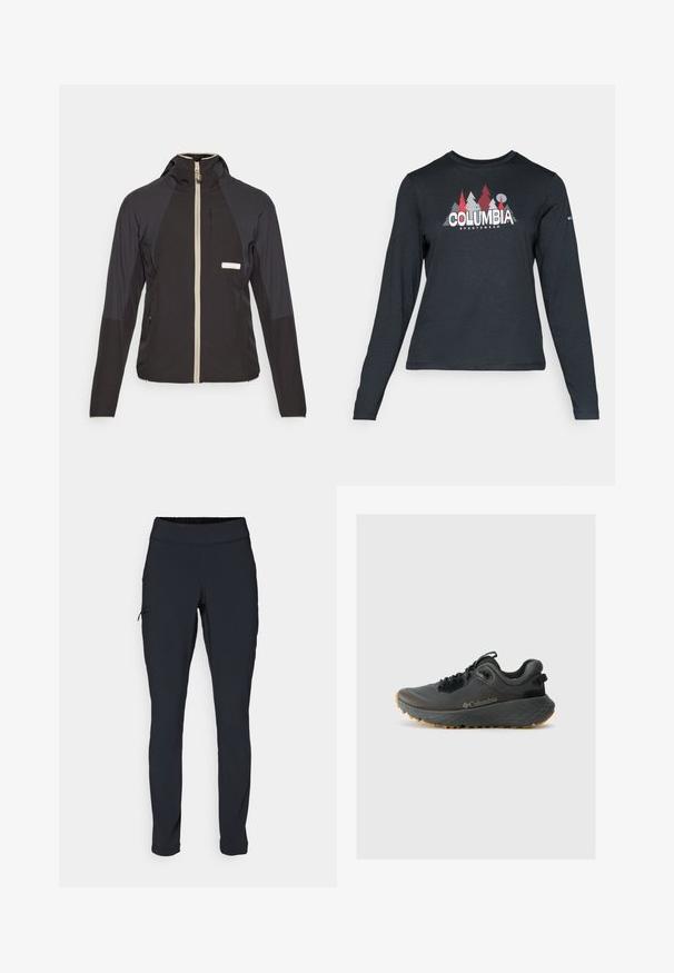 Čierna mikina na zips s kapucňou, s béžovým zipsom, kontrastnými ramennými panelmi a vreckom na hrudi. Vyrobená z ľahkého materiálu.; Dlhý rukáv, tmavošedá košeľa s grafikou červených stromov a hôr; logo "COLUMBIA" v tučnom bielom texte. Mäkká tkanina, štandardný okrúhly výstrih.; Čierne športové nohavice so slim fit strihom, elastickým pásom a bočnou vreckou so zipsom. Hladká, elastická tkanina s minimálnymi švami.; Columbia TERRASTRIDE CRZ - Turistické topánky - shark/black