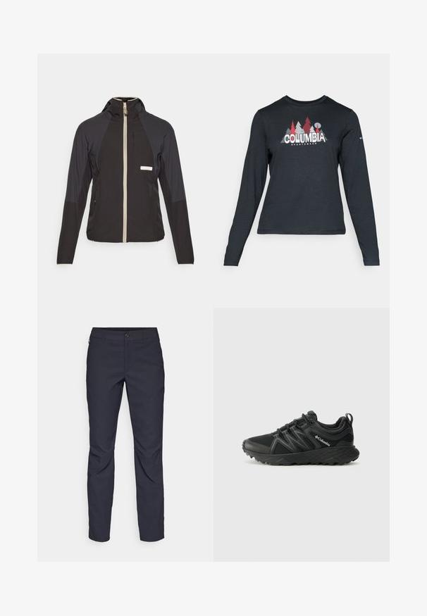 Černá bunda na zip s kapucí, vybavená béžovým zipem, kontrastními ramenními panely a náprsní kapsou. Vyrobena z lehkého materiálu.; Tmavě šedá dlouhá košile s grafikou červených stromů a hor; logo "COLUMBIA" v tučném bílém písmu. Měkká tkanina, standardní kulatý výstřih.; Námořnické modré kalhoty vyrobené z hladké tkaniny, s předním zapínáním na knoflík, přiléhavým střihem a sklady v oblasti kolen.; Columbia PEAKFREAK - Trekingové boty - black