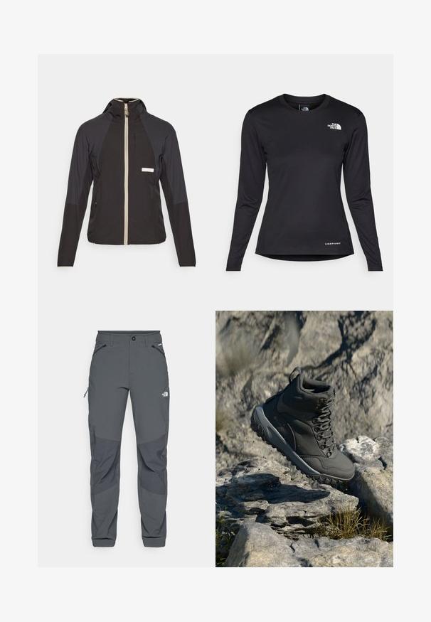 Mustaga tõmblukuga jakk kapuutsiga, millel on beež tõmblukk, kontrastsete õlavarrepaneelide ja rinnataskuga. Valmistatud kergest kangast.; The North Face SHADOW LONG SLEEVE - Pikkade varrukatega topp - black; Tumed hallid välistingimustes püksid, millel on tugevdused põlvedel, lukuga külje- ja eesTaskud, nupuga sulgur ning The North Face logo reie peal.; Tumehallid matkajalatsid, mis on valmistatud sünteetilisest materjalist, omavad pehmendatud kaelaosa, metallist silmuseid ja tekstuurset kummist tallat, mis tagab haarduvuse.