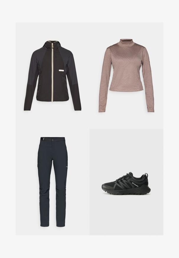 Fekete kapucnis dzseki, bézs cipzárral, kontrasztos vállpanelekekkel és mellzsebbel. Könnyű anyagból készült.; Columbia GRANITE POINT™ - Hosszú ujjú felső - iron; Férfi kültéri nadrág, sötétszürke, rugalmas anyagból készült, övvel, cipzáros zsebekkel és megerősített varratokkal.; Columbia PEAKFREAK - Túracipők - black