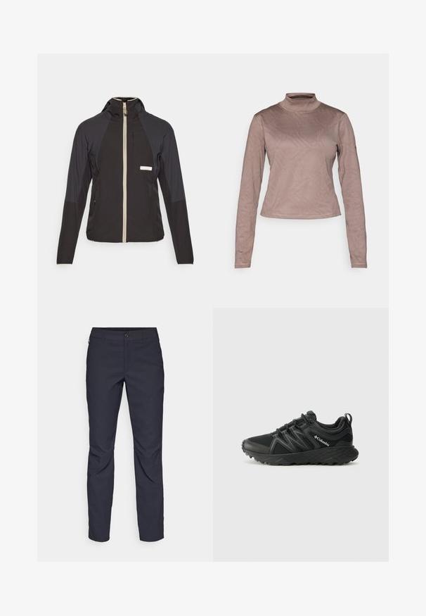 Crna jakna na zatvaranje s kapuljačom, s bež patentnim zatvaračem, kontrastnim panelima na ramenima i džepom na prsima. Izrađena od lagane tkanine.; Columbia GRANITE POINT™ - Top dugih rukava - iron; Pantalone tamnoplave boje od glatkog materijala, s prednjim kopčanjem na dugme, uskim krojem i pregibima na koljenima.; Columbia PEAKFREAK - Obuća za pješačenje - black