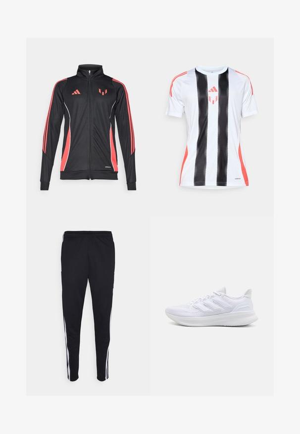 Black athletic jacket with red accents, zip closure, high collar, and white piping. Features three vertical stripes on sleeves. Aeroready branding displayed.; White athletic jersey with black vertical stripes and red accents on shoulders. Features AeroReady technology for moisture management.; Black athletic pants with a relaxed fit, featuring white side stripes, a drawstring waist, and two side pockets. Made from soft fabric.; White athletic shoes featuring a textured mesh upper, supportive cushioned sole, and three stripe design on the side.