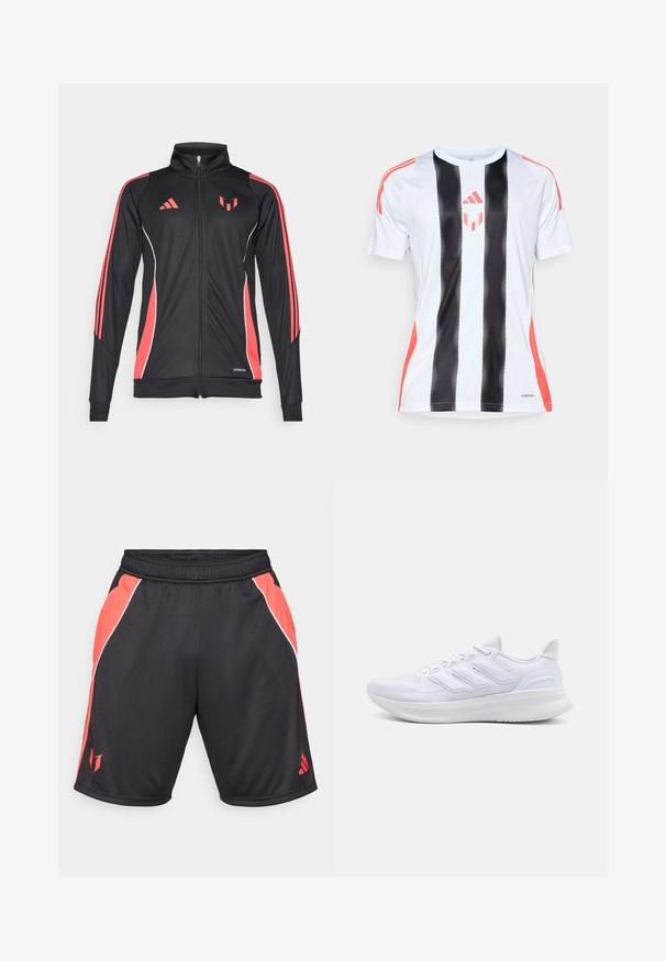 Svart atletisk jacka med röda accenter, dragkedjestängning, hög krage och vit piping. Har tre vertikala ränder på ärmarna. Aeroready-logotypen visas.; Vit atletisk tröja med svarta vertikala ränder och röda accenter på axlarna. Utrustad med AeroReady-teknologi för fuktkontroll.; Svarta idrottsshorts med röda sidopaneler, vit accentpiping, elastisk midja och en logotyp på nedre vänstra benet.; Vitaidrottsskor i vitt med en texturerad mesh-ovandel, stödjande vadderad sula och tre ränder på sidan.