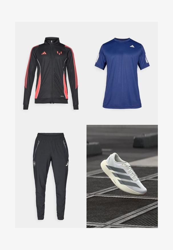 Černá sportovní bunda s červenými akcenty, zipovým uzávěrem, vysokým límcem a bílým lemováním. Obsahuje tři vertikální pruhy na rukávech. Značka Aeroready.; Námořnicky modré sportovní tričko s krátkým rukávem z hladké tkaniny, s kulatým výstřihem a bílým logem na levém horním prsu.; adidas Performance ARSENAL FC TIRO25 COMPETITION VIS TECH TRAVEL PANT - Klubové oblečení - black; Bílá sportovní obuv s texturovaným síťovaným svrškem, zdobená šedými pruhy a polstrovanou podrážkou. Lehký design vhodný na běhání.