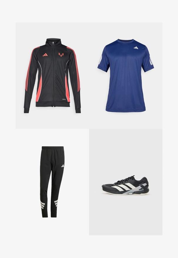 Black athletic jacket with red accents, zip closure, high collar, and white piping. Features three vertical stripes on sleeves. Aeroready branding displayed.; Navy blue short-sleeve athletic shirt made of smooth fabric, featuring a crew neck and a white logo detail on the upper left chest.; Black athletic pants with an elastic waistband, featuring reflective white accents in a striped pattern on the lower legs. Made from a smooth fabric.; Black athletic shoe with white stripes, mesh upper, rounded toe, and cushioned sole. Features a textured heel and secure lacing system.